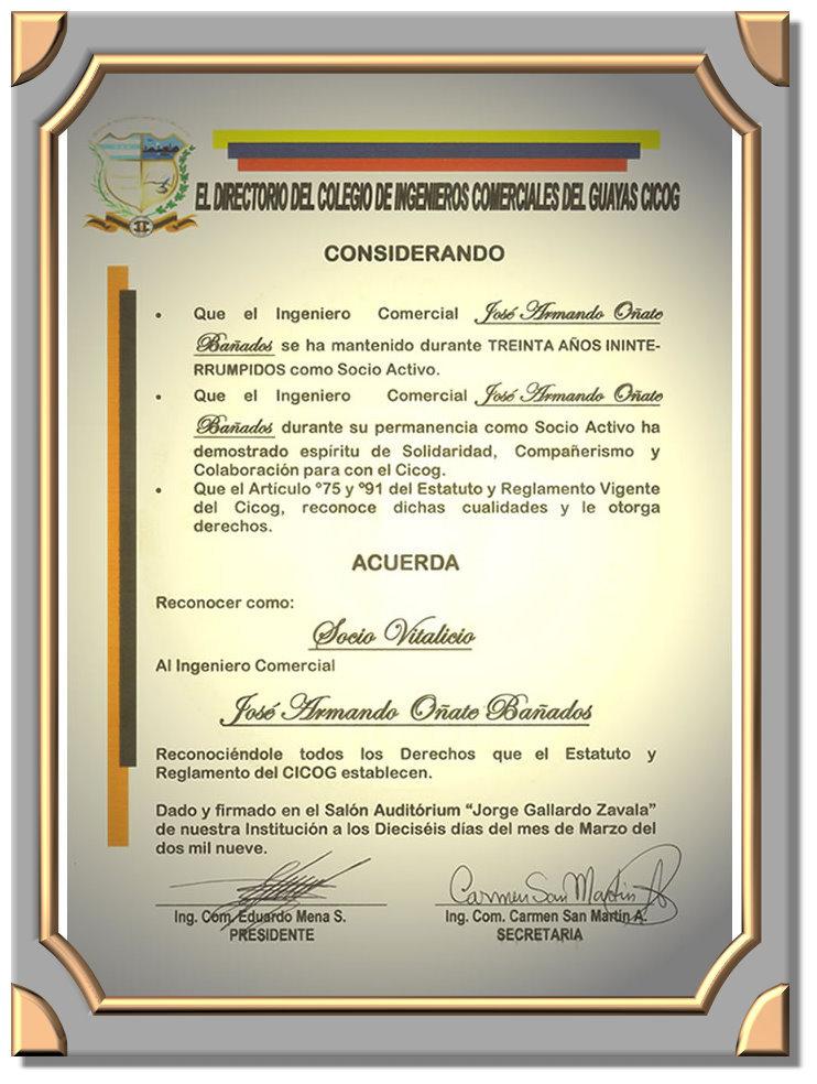 Socio Vitalicio INg. JOse Armando Oate Baados